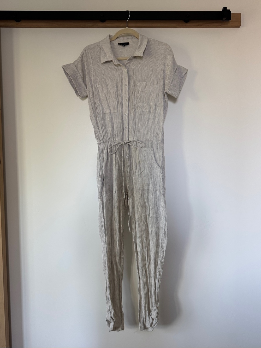 Light Beige Button-Front Linen Jumpsuit with Waist Tie